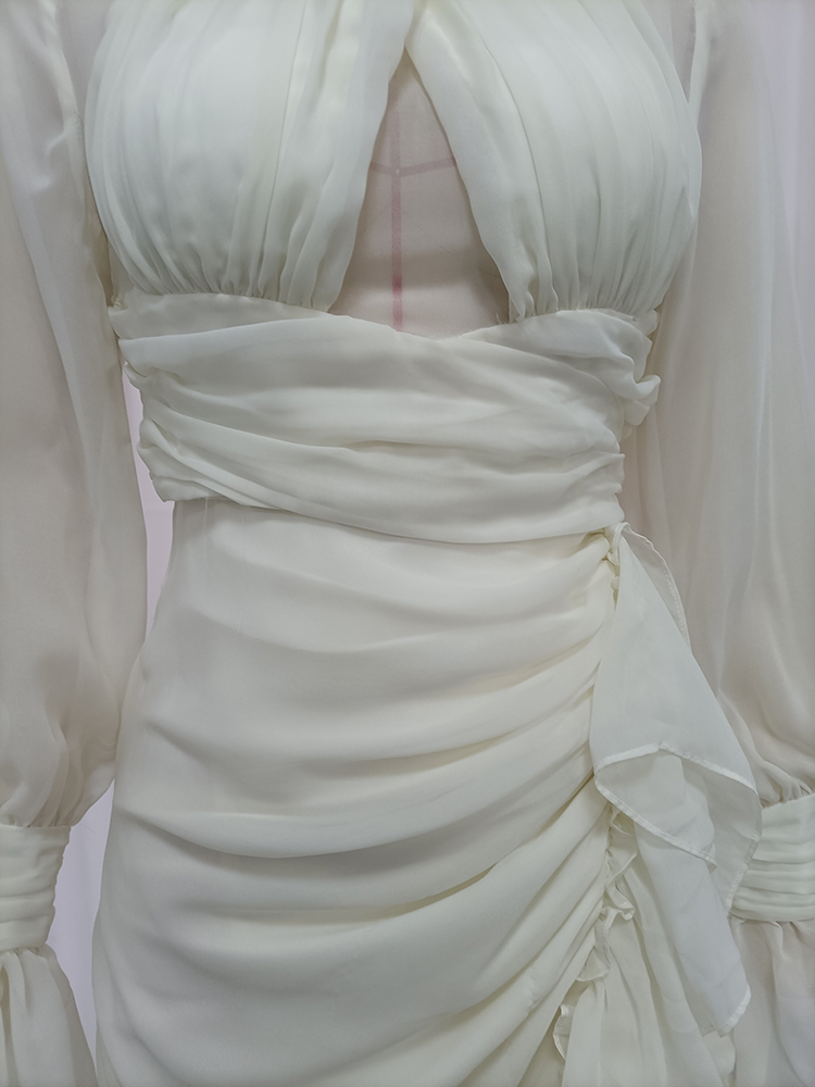TWOTWINSTYLE Round Neck Mesh Waist Cinched Ruffled Sleeves Elegant Dress