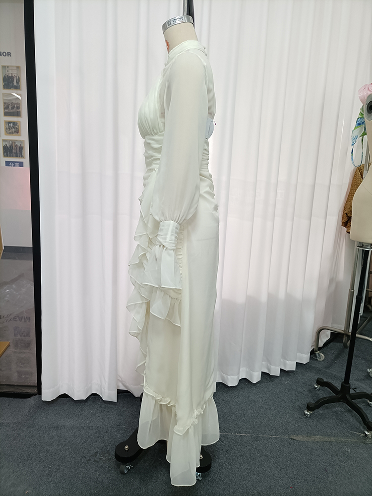 TWOTWINSTYLE Round Neck Mesh Waist Cinched Ruffled Sleeves Elegant Dress