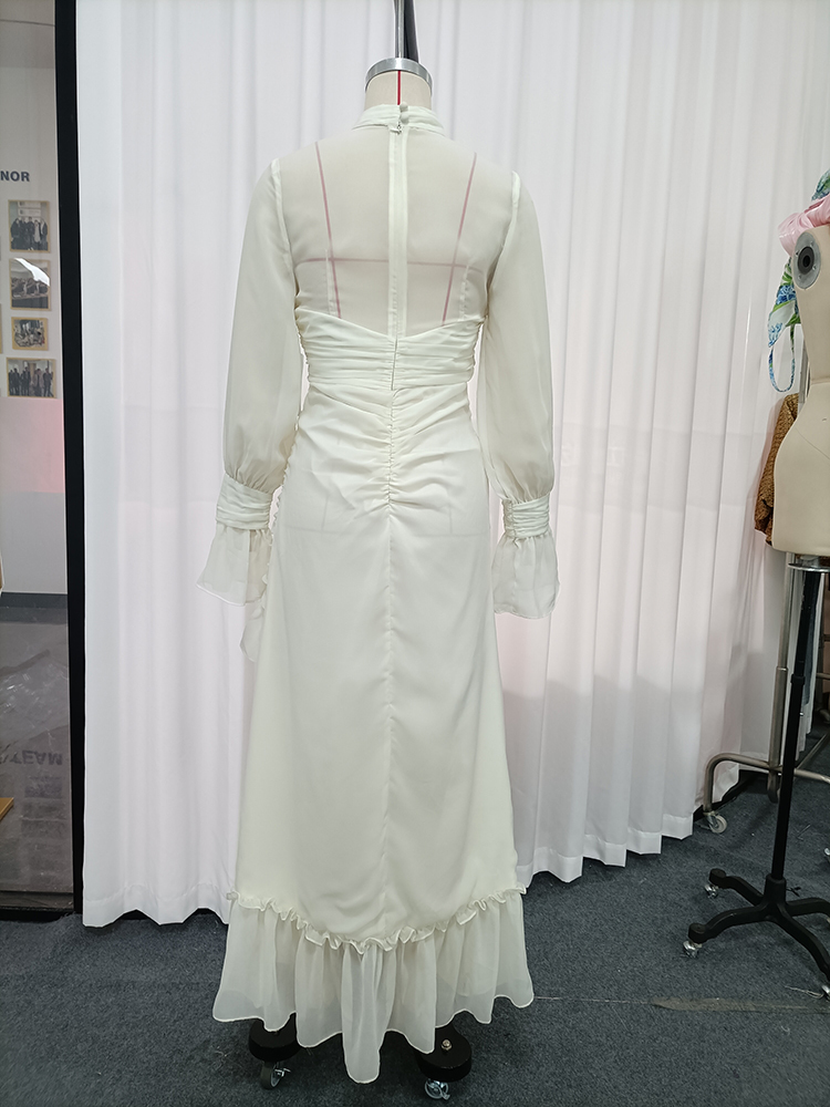 TWOTWINSTYLE Round Neck Mesh Waist Cinched Ruffled Sleeves Elegant Dress