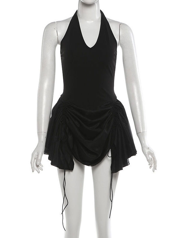 TWOTWINSTYLE Solid V Neck High Waist Spliced Drawstring Fashion Dress