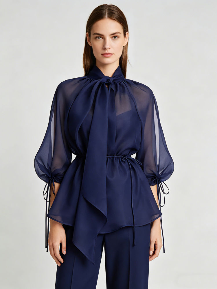 TWOTWINSTYLE Stand Collar Patchwork Lace Up High Waist Chic Shirt
