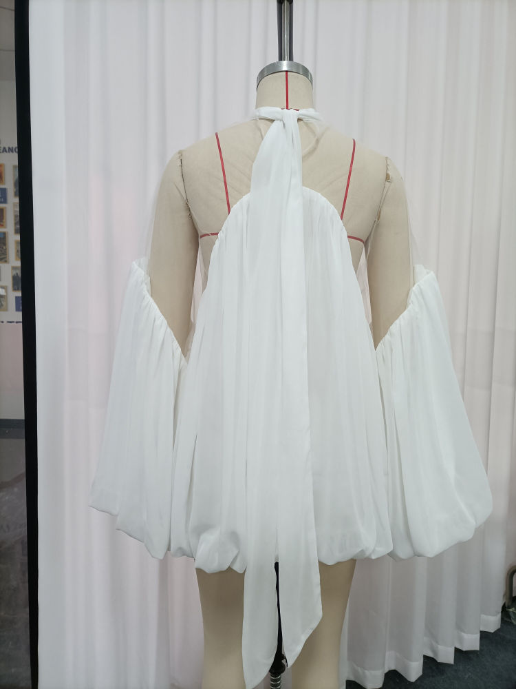 TWOTWINSTYLE Stand Collar Puff Sleeve Spliced Mesh Elegant Shirt