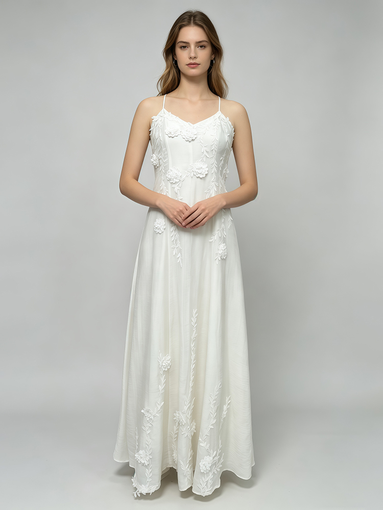 TWOTWINSTYLE V Neck Strap 3D Flower Embroidered Waist Cinched Elegant  Dress