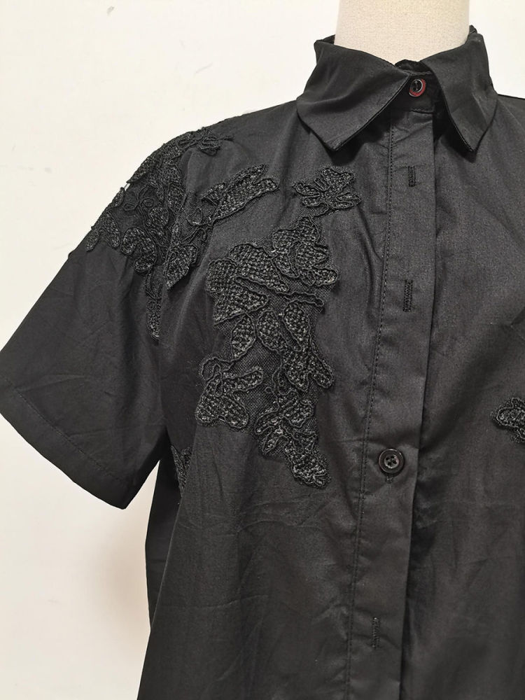 TWOTWINSTYLE Solid Lapel Patchwork Lace Casual Shirt