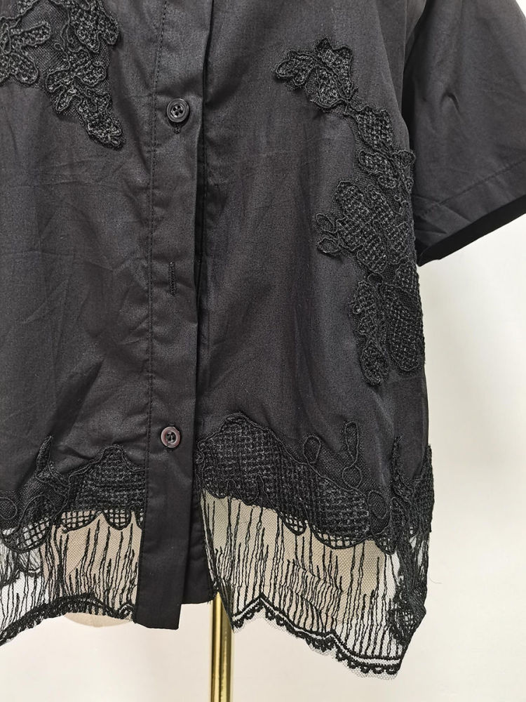 TWOTWINSTYLE Solid Lapel Patchwork Lace Casual Shirt