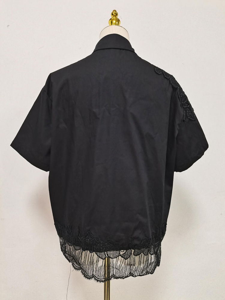 TWOTWINSTYLE Solid Lapel Patchwork Lace Casual Shirt