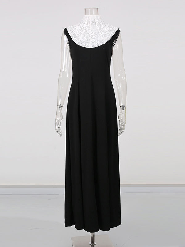 TWOTWINSTYLE Stand Collar Sleeveles Spliced Lace High Waist Elegant Dress
