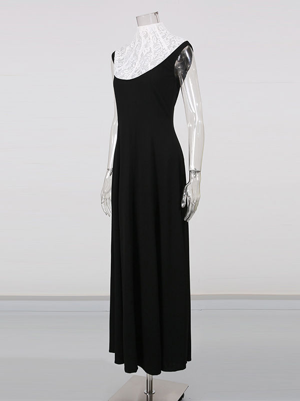 TWOTWINSTYLE Stand Collar Sleeveles Spliced Lace High Waist Elegant Dress