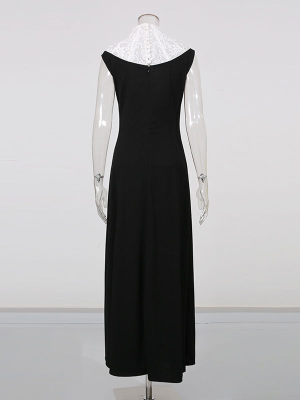 TWOTWINSTYLE Stand Collar Sleeveles Spliced Lace High Waist Elegant Dress