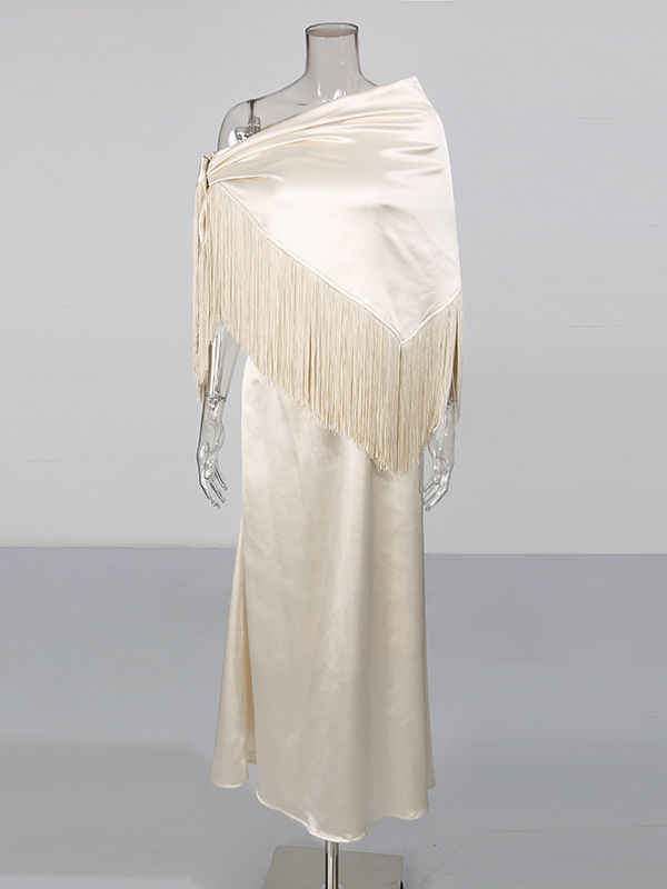 TWOTWINSTYLE Off Shoulder Patchwork Tassel Minimalist Dress