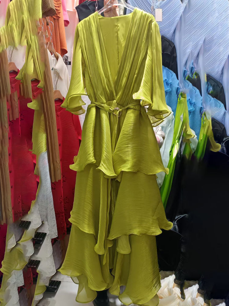 TWOTWINSTYLE Deep V Neck Spliced Ruffles Tunic Designer Dress