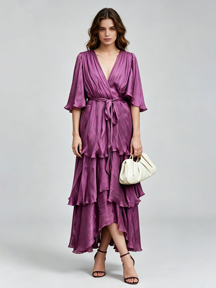 TWOTWINSTYLE Deep V Neck Spliced Ruffles Tunic Designer Dress