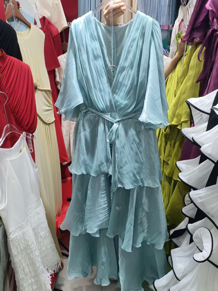 TWOTWINSTYLE Deep V Neck Spliced Ruffles Tunic Designer Dress