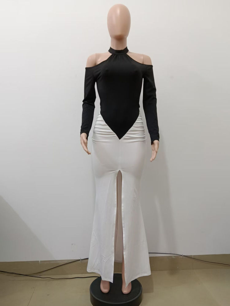 TWOTWINSTYLE Off Shoulder Hit Color Tunic Slit Elegant Dress