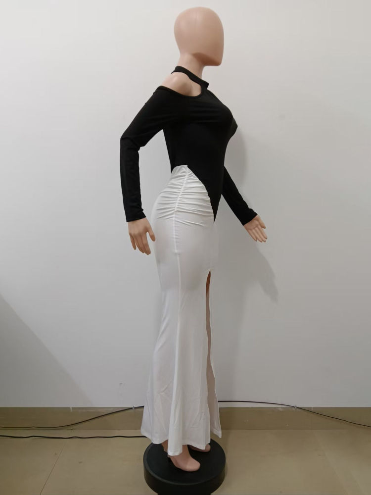 TWOTWINSTYLE Off Shoulder Hit Color Tunic Slit Elegant Dress