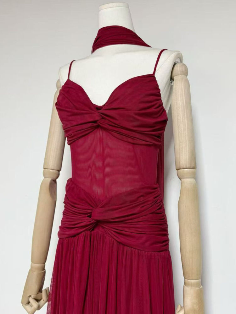 TWOTWINSTYLE Off Shoulder Patchwork Mesh Ruched Vintage Dress