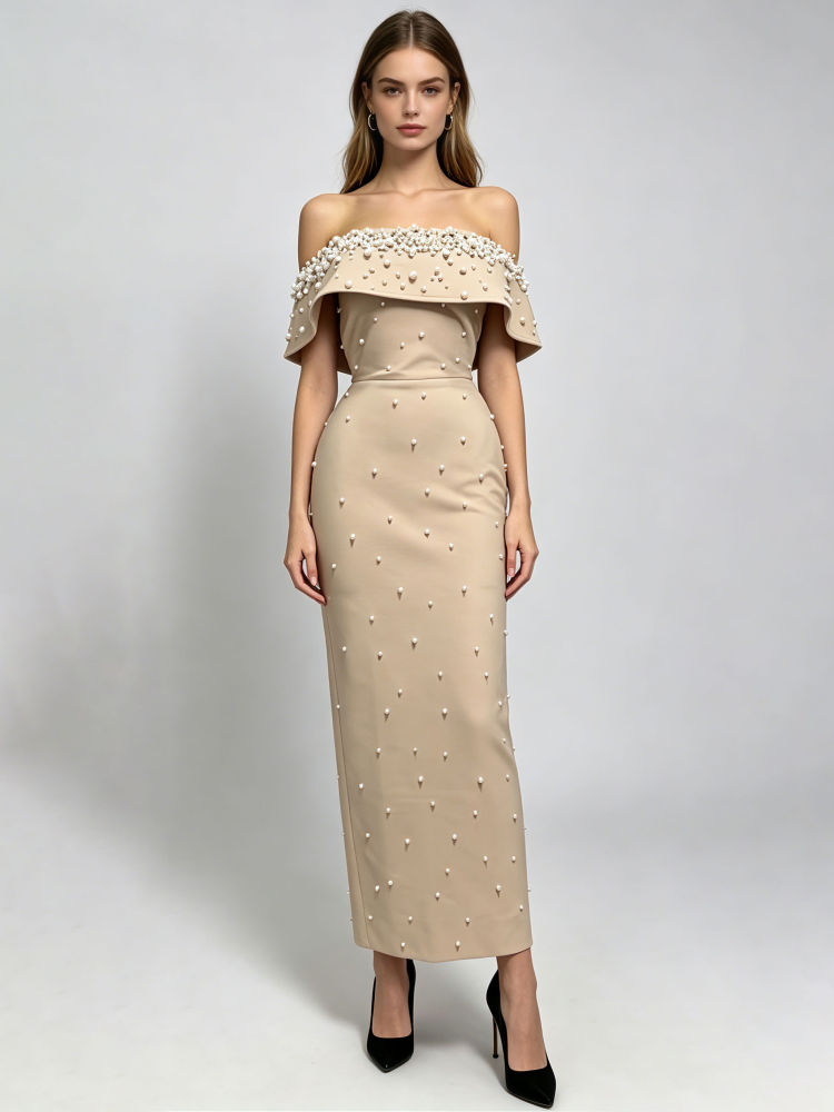 TWOTWINSTYLE Spliced Pearl Tunic Designer Strapless Dress