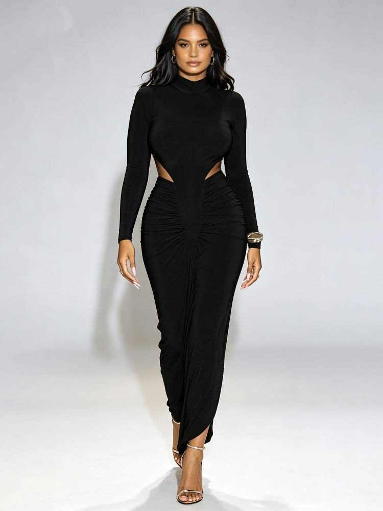 TWOTWINSTYLE Stand Collar Long Sleeve Bare Midriff Ruched Vintage Dress