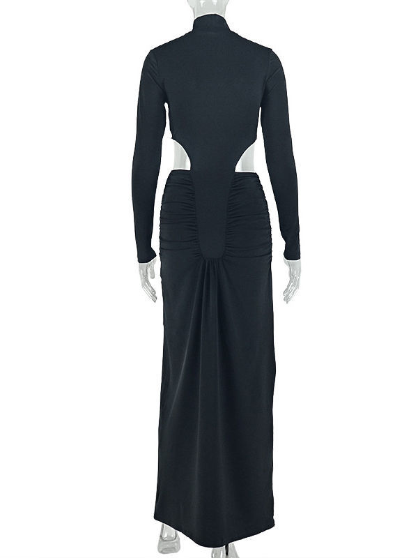 TWOTWINSTYLE Stand Collar Long Sleeve Bare Midriff Ruched Vintage Dress