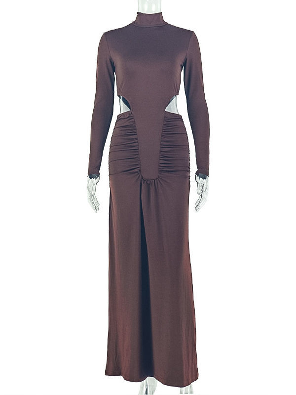 TWOTWINSTYLE Stand Collar Long Sleeve Bare Midriff Ruched Vintage Dress
