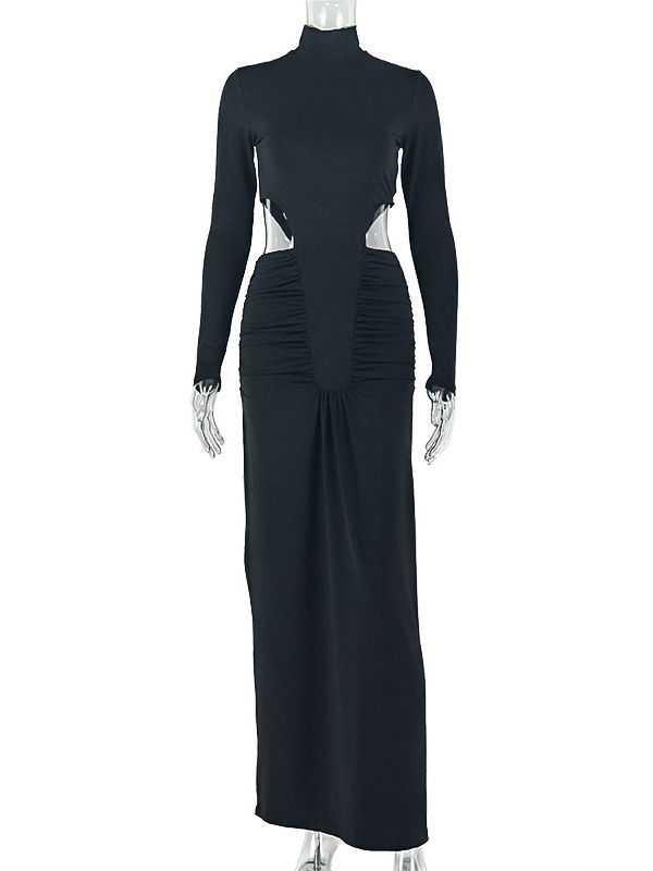 TWOTWINSTYLE Stand Collar Long Sleeve Bare Midriff Ruched Vintage Dress