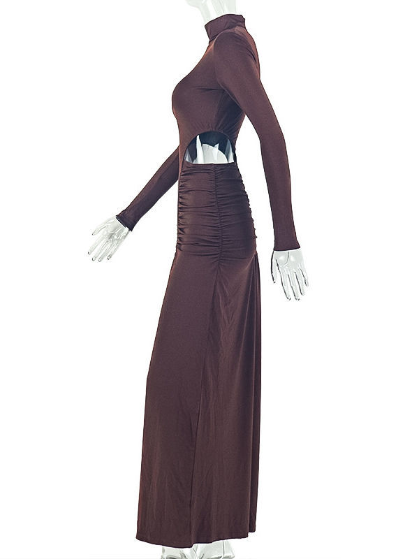 TWOTWINSTYLE Stand Collar Long Sleeve Bare Midriff Ruched Vintage Dress