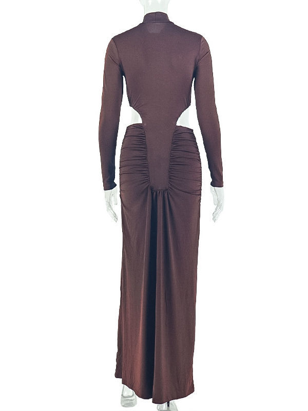 TWOTWINSTYLE Stand Collar Long Sleeve Bare Midriff Ruched Vintage Dress