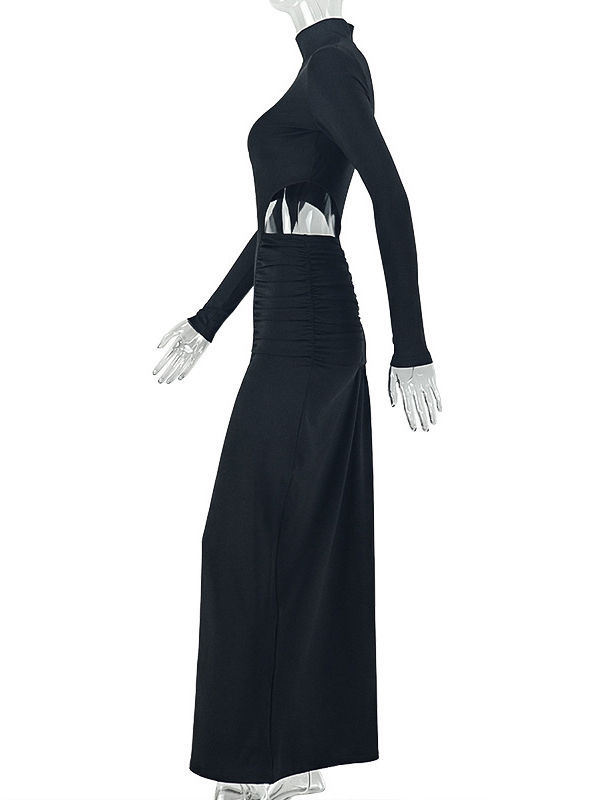 TWOTWINSTYLE Stand Collar Long Sleeve Bare Midriff Ruched Vintage Dress