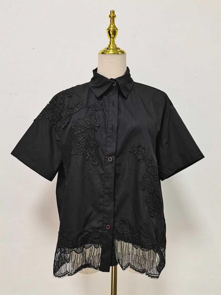 TWOTWINSTYLE Solid Lapel Patchwork Lace Casual Shirt