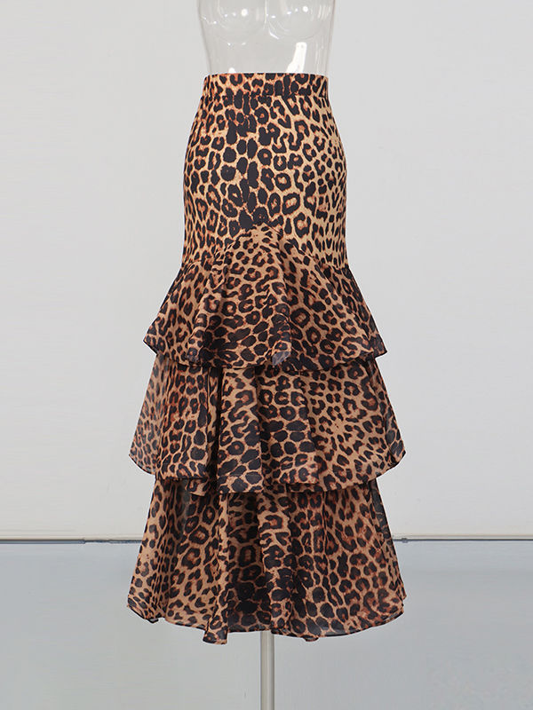 TWOTWINSTYLE High Waist Leopard Spliced Ruffles Tide Skirt