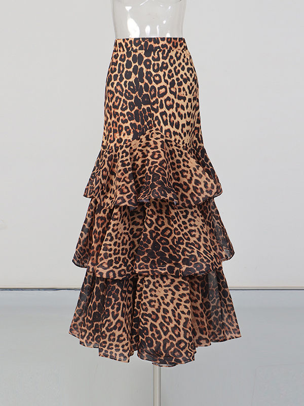 TWOTWINSTYLE High Waist Leopard Spliced Ruffles Tide Skirt