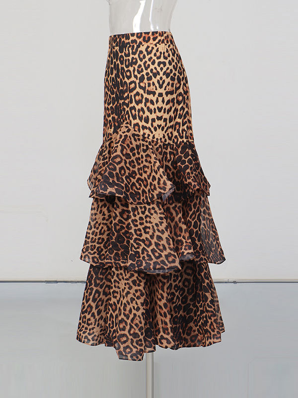TWOTWINSTYLE High Waist Leopard Spliced Ruffles Tide Skirt