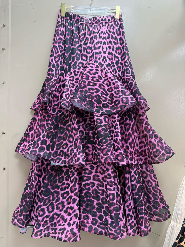TWOTWINSTYLE High Waist Leopard Spliced Ruffles Tide Skirt