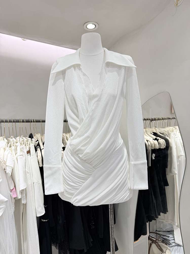TWOTWINSTYLE Lapel Long Sleeve Tunic  Ruched Mini  Dress