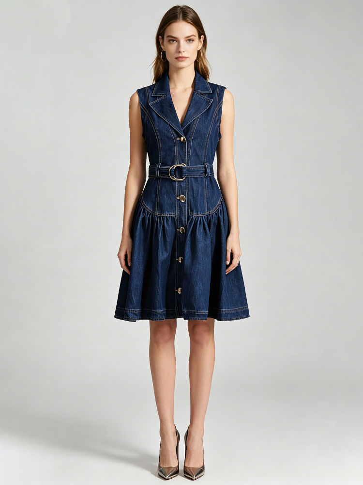 TWOTWINSTYLE Lapel Patchwork Belt Single Breasted Chic Denim Dress