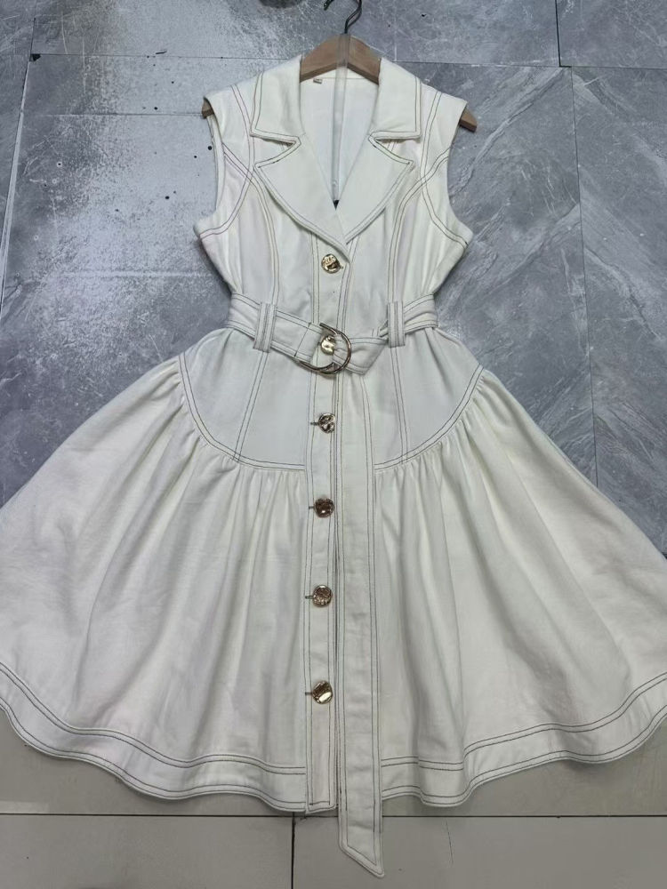 TWOTWINSTYLE Lapel Patchwork Belt Single Breasted Chic Denim Dress