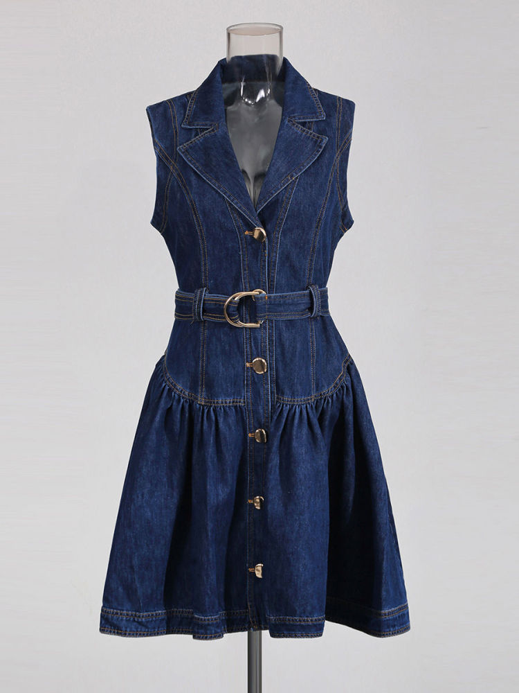 TWOTWINSTYLE Lapel Patchwork Belt Single Breasted Chic Denim Dress