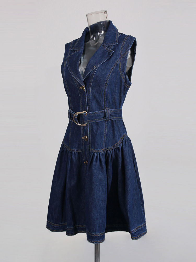TWOTWINSTYLE Lapel Patchwork Belt Single Breasted Chic Denim Dress