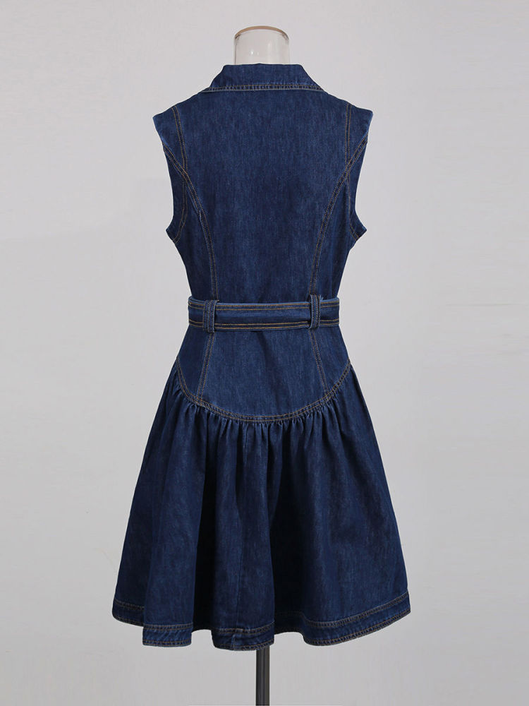 TWOTWINSTYLE Lapel Patchwork Belt Single Breasted Chic Denim Dress