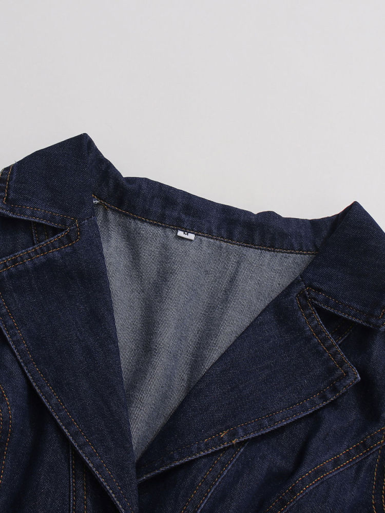 TWOTWINSTYLE Lapel Patchwork Belt Single Breasted Chic Denim Dress