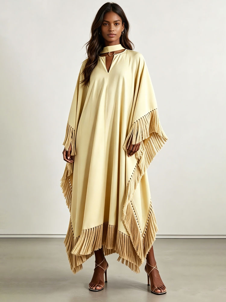 TWOTWINSTYLE Long Sleeve Spliced Tassel Irregular Vintage Dress