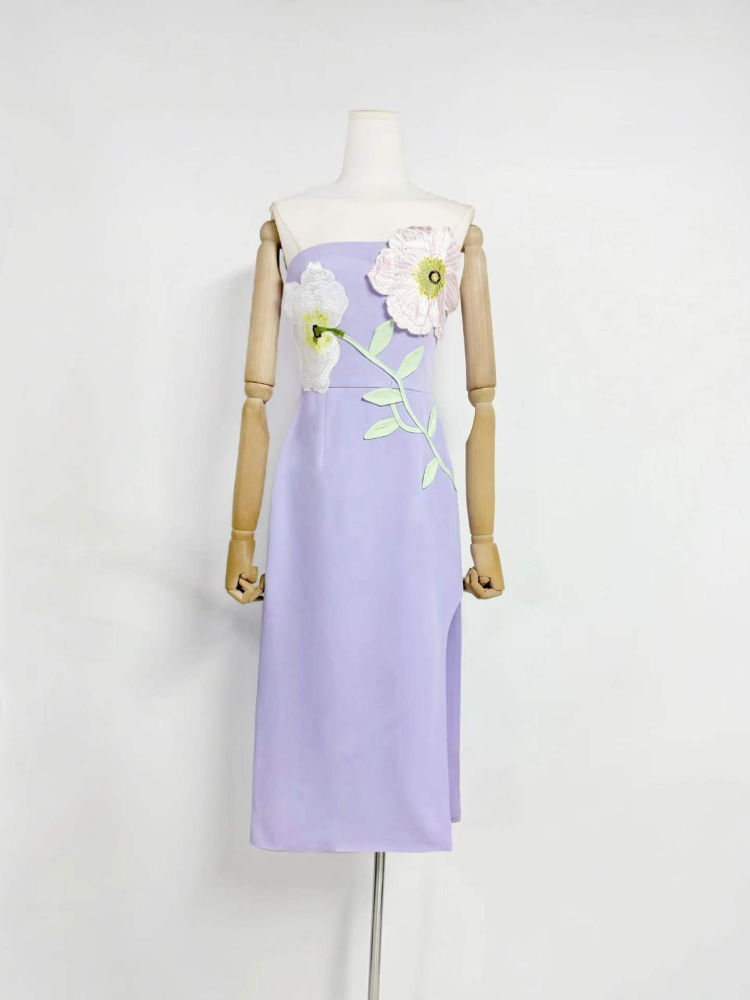 TWOTWINSTYLE Off Shoulder Patchwork Appliques Side Split Elegant Dress