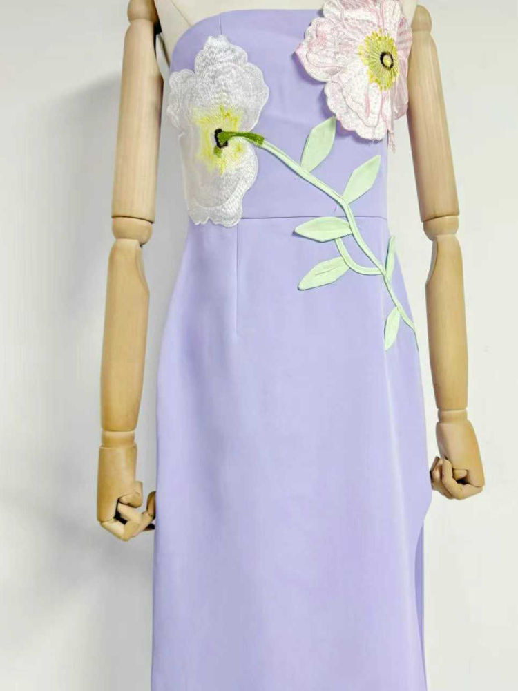 TWOTWINSTYLE Off Shoulder Patchwork Appliques Side Split Elegant Dress