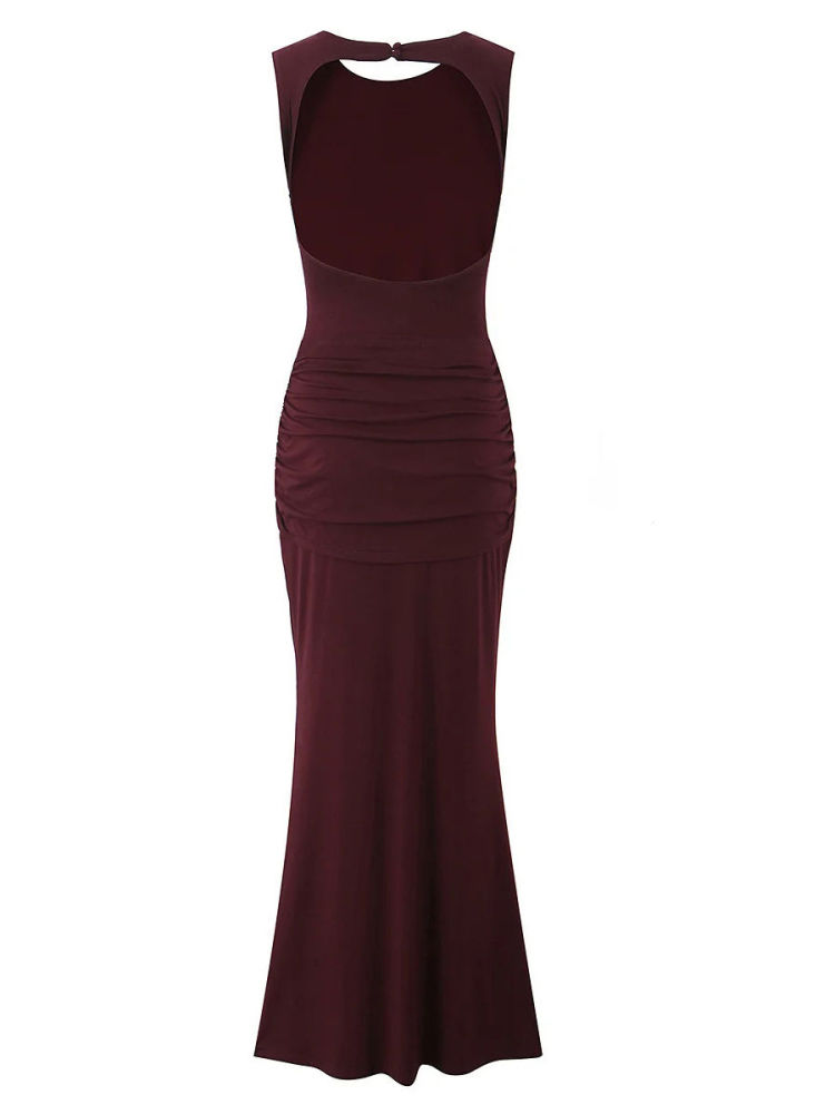 TWOTWINSTYLE Round Neck Backless Pleated Slimming Dress