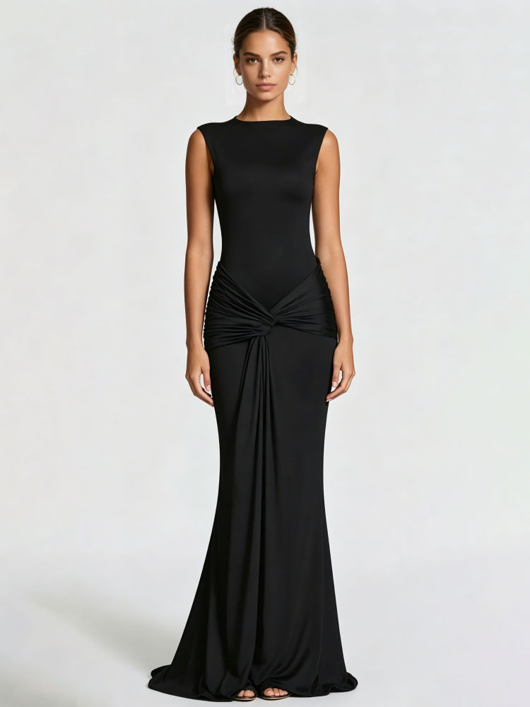 TWOTWINSTYLE Round Neck Backless Pleated Slimming Dress