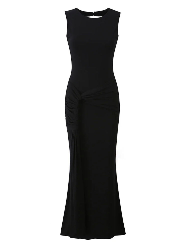 TWOTWINSTYLE Round Neck Backless Pleated Slimming Dress