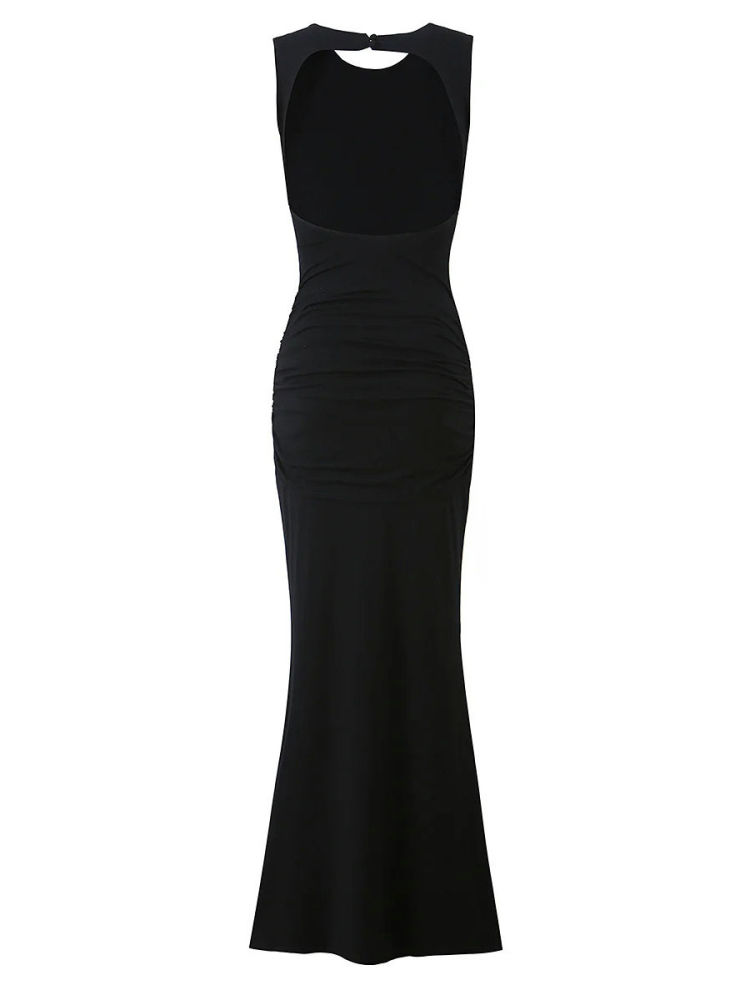 TWOTWINSTYLE Round Neck Backless Pleated Slimming Dress