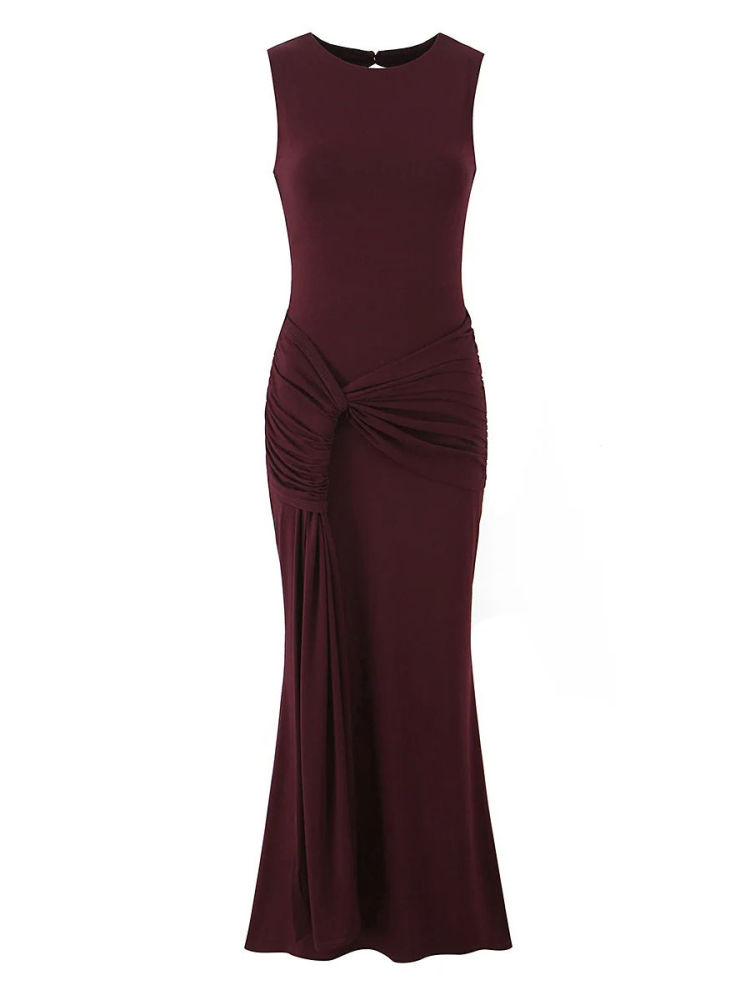 TWOTWINSTYLE Round Neck Backless Pleated Slimming Dress