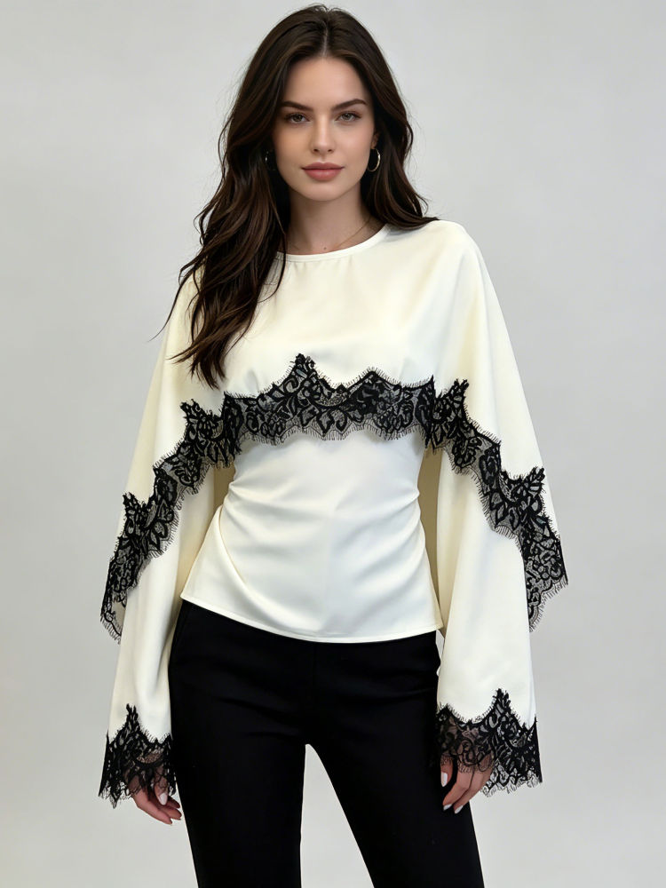 TWOTWINSTYLE Round Neck Hit Color Patchwork Lace Designer Pullover