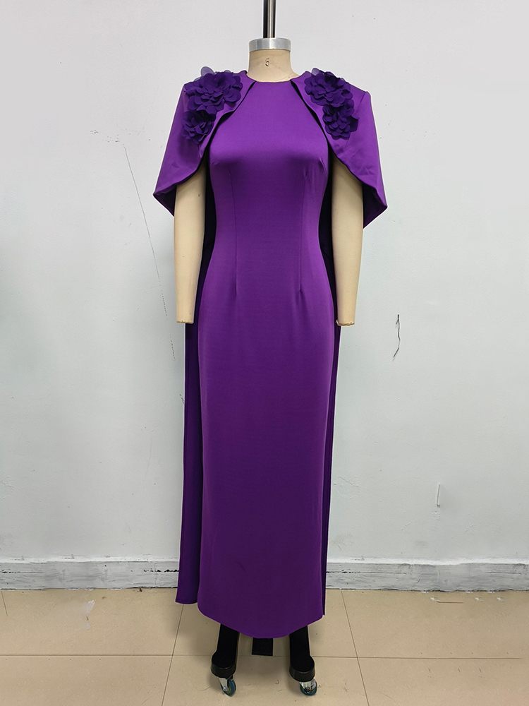 TWOTWINSTYLE Round Neck Patchwork Flower Cape Sleeves Solid Dress